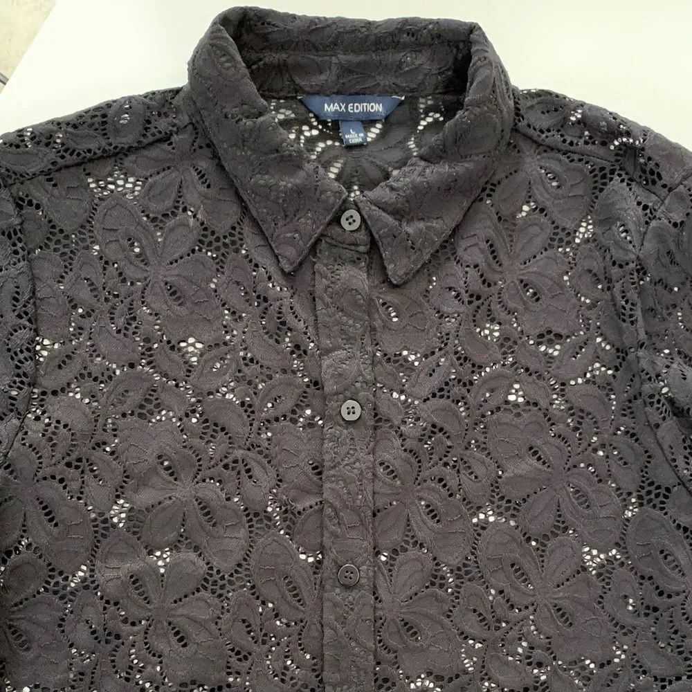 Max Edition Black Lace Collar Button-Up Shirt Blouse Size L
